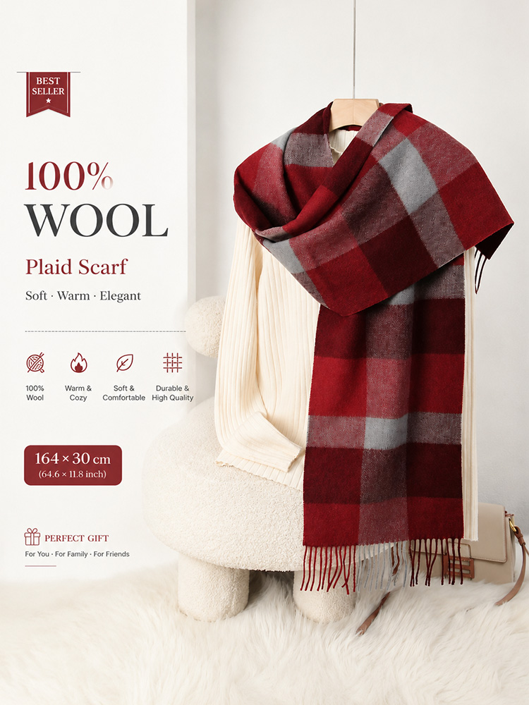 Wool Scarf Men - 100% Woven Wool Plaid Fringe Scarf